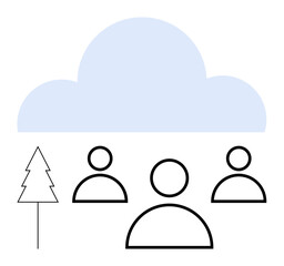Abstract cloud, three human figures, and tree in flat minimal style. Ideal for teamwork, nature conservation, cloud storage, data sharing, tech innovation, environmental harmony abstract line flat