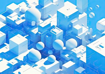 Abstract 3D city geometric shapes, blue and white, connected by lines, futuristic background