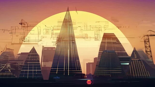 A futuristic city skyline with tall, modern skyscrapers and digital architectural blueprints, set against a vibrant sunset.
