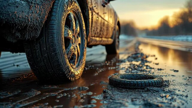 Car stuck in mud on a rural road during sunset after heavy rain