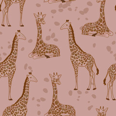 Giraffe pattern. Zoo safari animals silhouettes on a dusty pink background. African animals seamless texture in retro boho style
