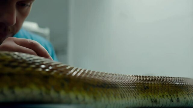 Professional veterinarian carefully examining python skin with precision tweezers, performing meticulous health check up in sterile, modern veterinary clinic laboratory setting