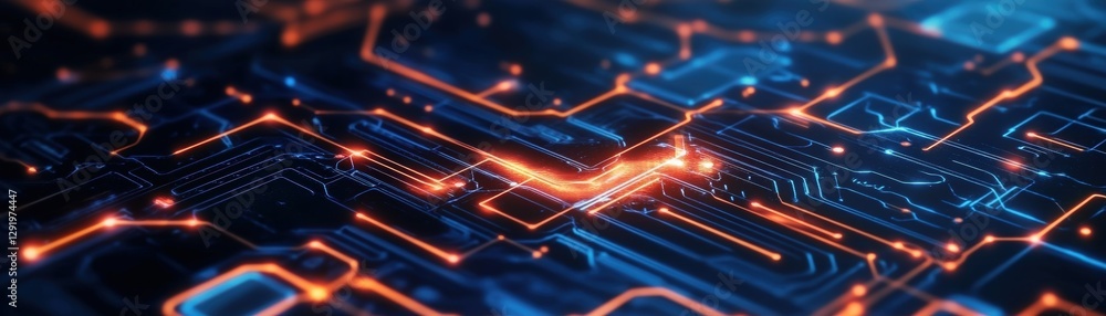 Poster computer circuit board with glowing lights and photographic detail in a high-tech environment