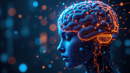 Obraz premium Image depicts a futuristic artificial general intelligence (AGI) with human-like features and a glowing brain inside a computerized structure set against a dark background.