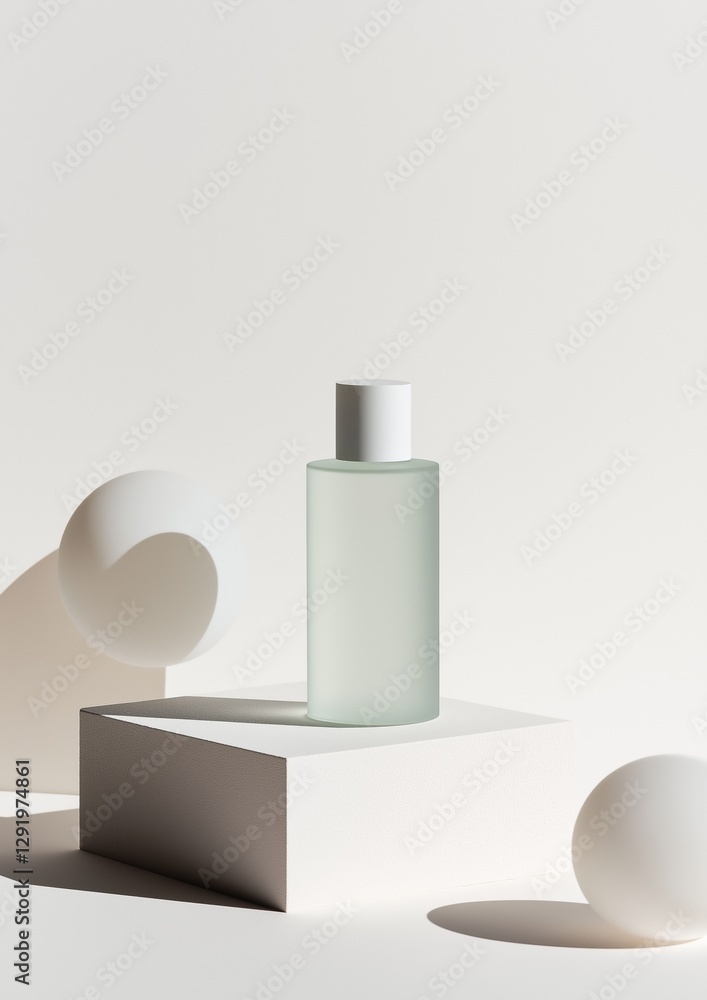 Poster 3d rendering of a modern and minimalistic composition. it features a white bottle with a white cap o