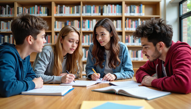 A group of students in a library, engaged in a study session to prepare for an upcoming exam. The image represents teamwork, collaborative learning, and academic preparation.