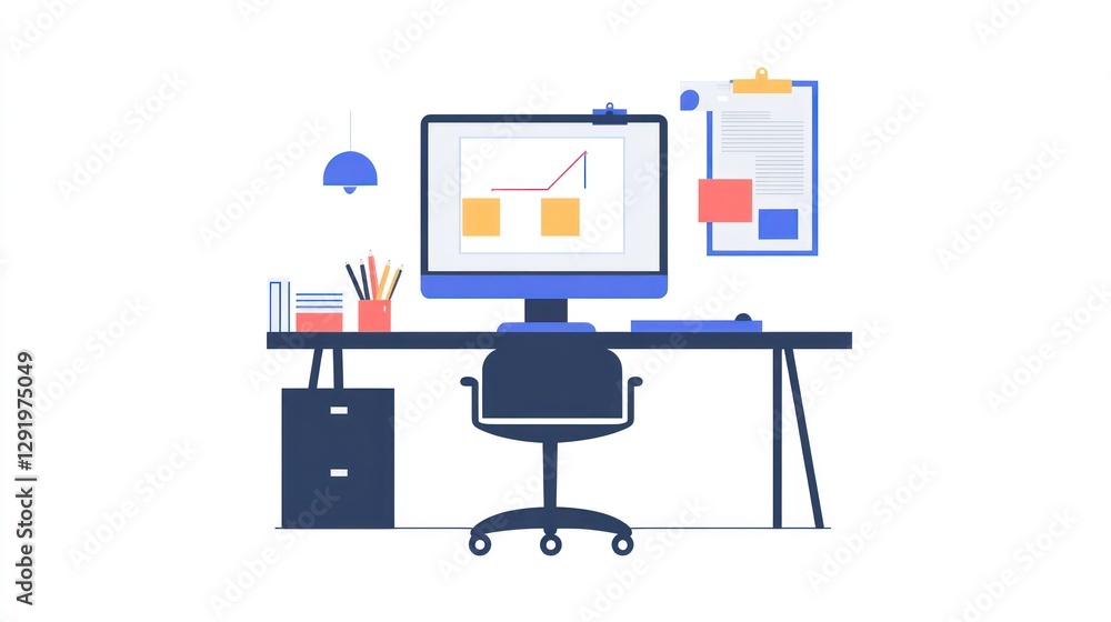 Poster office workspace with computer, data visualization, and planner