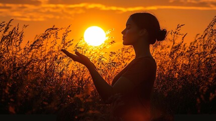 Woman Holding Sun at Sunset Field