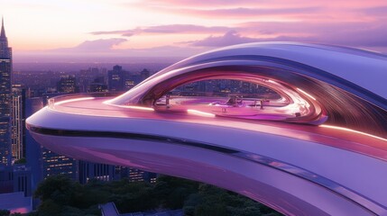 Obraz premium Futuristic rooftop lounge, city skyline, sunset, people relaxing