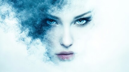 A striking close-up of a woman's face surrounded by swirling blue mist, conveying a dreamy and ethereal vibe, Ideal for beauty, fashion, or art projects emphasizing mystique and elegance,