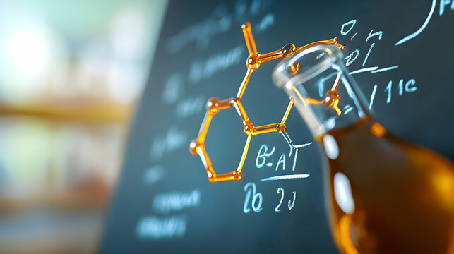 A lab flask of liquid sits by a detailed molecular diagram, highlighting scientific research