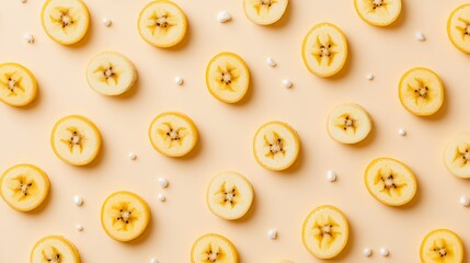 Fototapeta premium Pattern of sliced bananas on pastel background with white dots