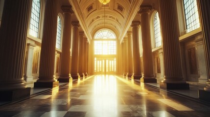 Obraz premium Sunlit grand hall, classical columns, reflecting light, empty interior
