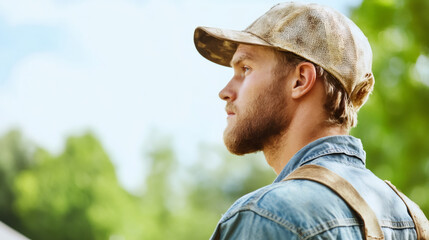 Bearded farmer in denim shirt and cap gazing distantly under bright sunlight