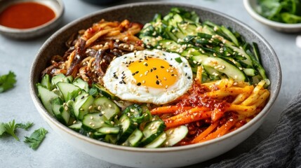 Colorful Korean Bibimbap Bowl with Fried Egg on Gray Surface