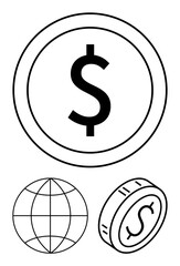 Large dollar coin, smaller angled coin, globe outlining global markets and connectivity. Ideal for finance, trade, investments, global business, economic growth, wealth abstract line flat metaphor