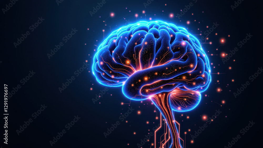 Poster a stylized graphic representation of a human brain with artificial intelligence elements highlighted