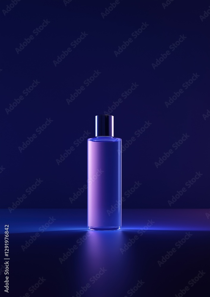 Poster 3d rendering of a perfume bottle. the bottle is tall and cylindrical with a black cap on top. it is 