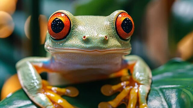 Vibrant tree frog perched on lush green leaf in a tropical setting during the daytime