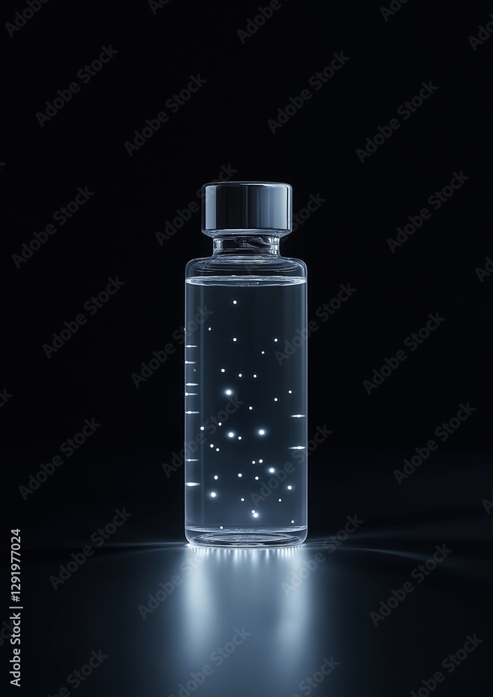 Poster 3d rendering of a glass bottle with a black cap. the bottle is empty and is placed on a reflective s