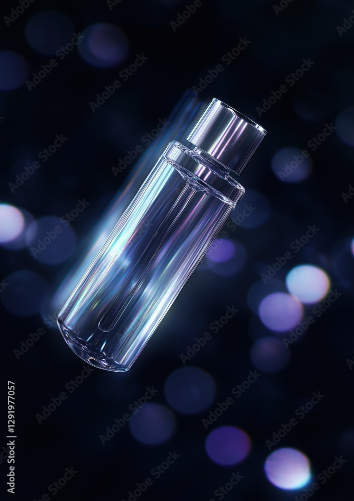 Aufkleber close-up of a transparent glass bottle with a silver cap. the bottle appears to be empty and is floa