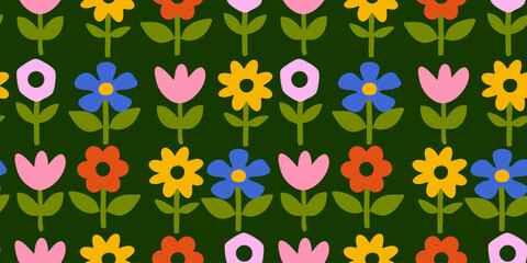 Vibrant Retro Floral Seamless Pattern Illustration – Hand-Drawn Vintage Flower Art for Spring-Inspired Textile and Nature-Themed Designs