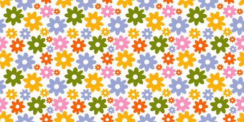 Vibrant Retro Floral Seamless Pattern Illustration – Hand-Drawn Vintage Flower Art for Spring-Inspired Textile and Nature-Themed Designs