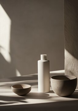 White ceramic vase and two small bowls on a white surface. the vase is tall and cylindrical with a narrow neck and a narrow opening at the top. it appears to be made of a smooth, glossy material.
