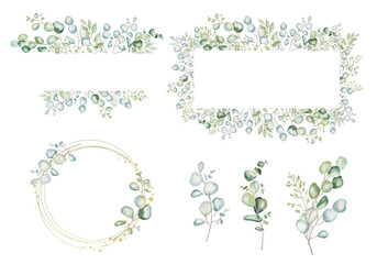 Collection of watercolor eucalyptus frames. Side, corner and two rectangular shapes. Ideal for web design, wedding invitations, minimalist home decor, romantic cards, design of articles or posts. 