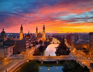 urban skyline at sunrise with traffic lights silhouetted against vibrant skies in zaragoza spain capturing the blend of city life and natural beauty