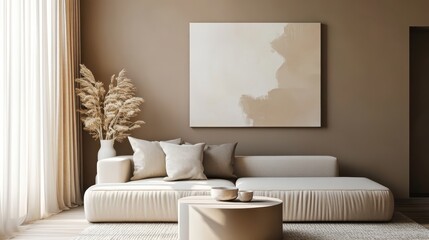 Modern living room featuring neutral tones with a stylish sofa, decorative pillows, a round coffee table, and elegant plants bathed in natural light