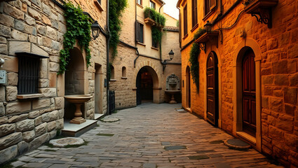 Fototapeta premium a charming stone street lined with old buildings in a european town. The warm light creates a cozy and inviting atmosphere. 