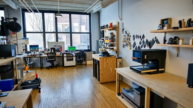 Modern workspace featuring 3D printers and creative tools in an open studio environment on a sunny day