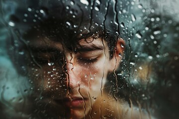 Fototapeta premium Young man with closed eyes and raindrops on glass creates a reflective moment in a quiet setting