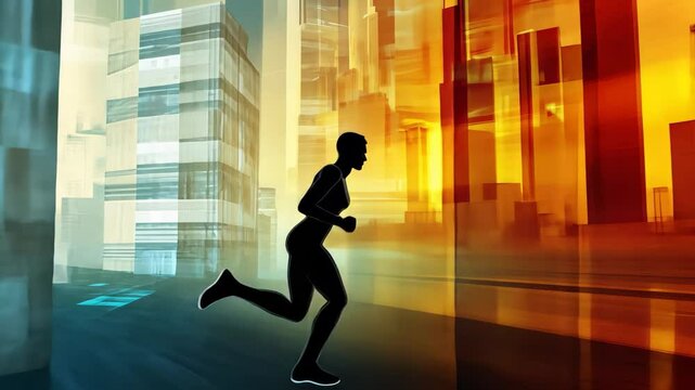 Futuristic athlete sprinting through an abstract urban environment with vibrant colors and dynamic shapes, Futuristic Athlete Running Through an Abstract Cityscape