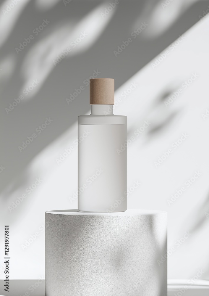 Poster white perfume bottle with a cork stopper on top. the bottle is cylindrical in shape and has a blank 