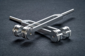 Weighted metal tuning forks used for tuning musical instruments, sound therapy, chakra healing or...