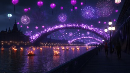 Obraz premium Lanterns and Fireworks Over River at Night