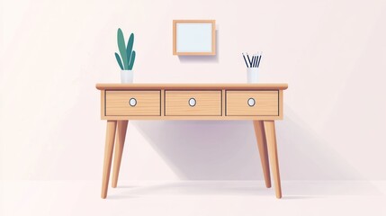 Mid-century modern desk, plant, pencils, minimal room