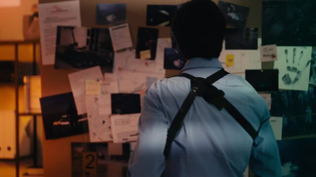 Police detective examines clues and carefully studies an investigation board