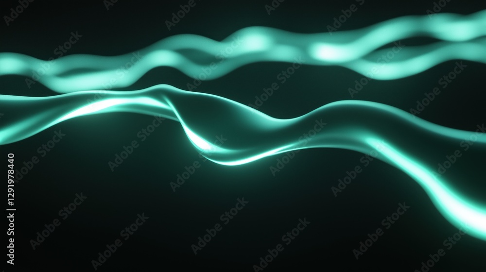 Poster abstract digital art piece with a dark background. it features three wavy lines that are glowing in 