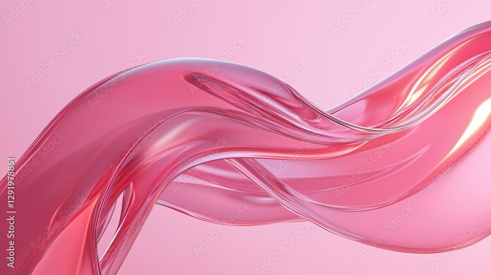 Poster abstract digital art piece with a pink background. it features a curved, wavy line that forms a wave