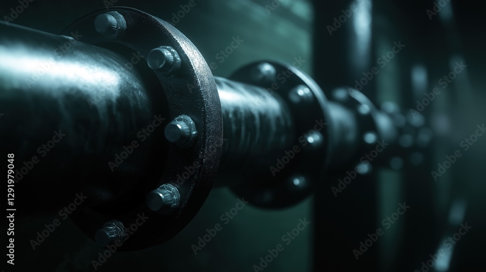 Poster close-up of a black pipe with multiple bolts and nuts attached to it. the pipe appears to be made of