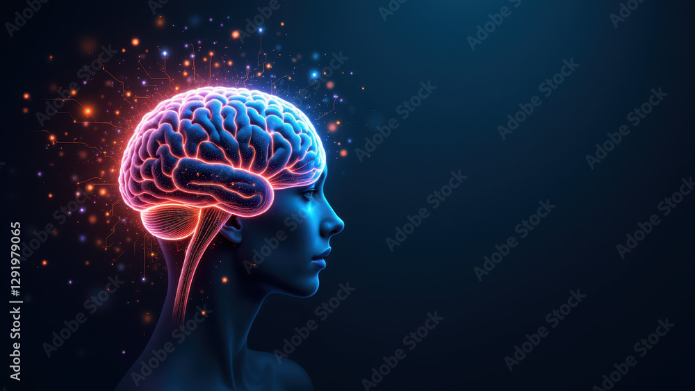 Poster an artistic representation of artificial general intelligence with a glowing human-like brain set ag