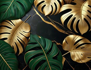 elegant tropical design with lush green monstera leaves and golden accents arranged on black marble background with delicate gold veins for luxury branding modern invitations decorative projects