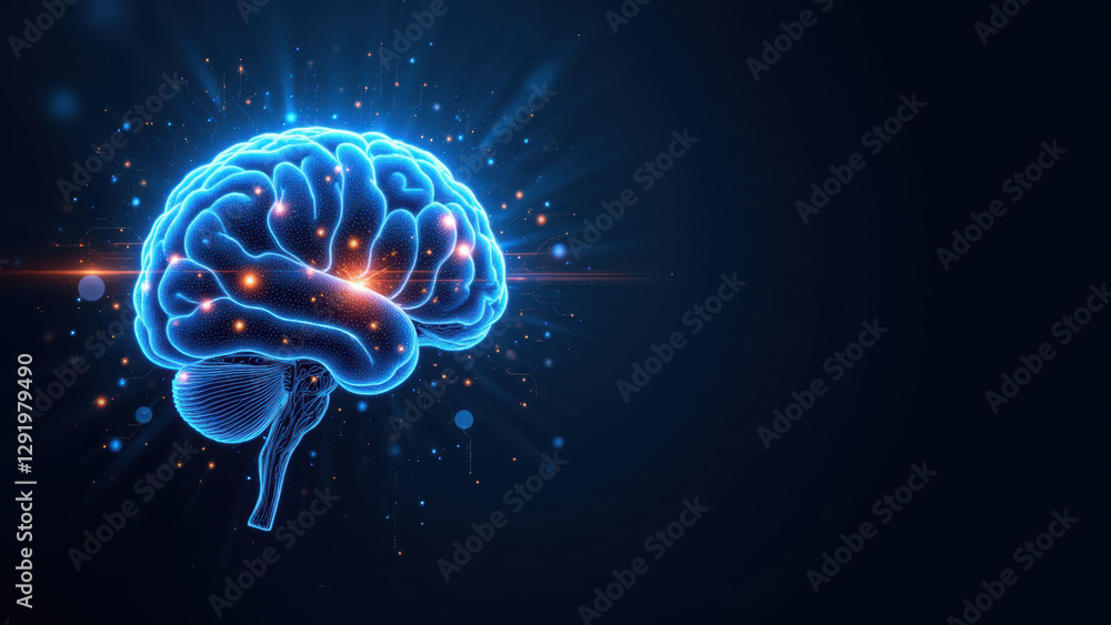 Poster a visual representation of artificial general intelligence featuring a brain with a futuristic desig