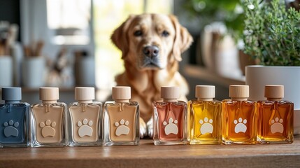 Labrador retriever with paw print perfume bottles