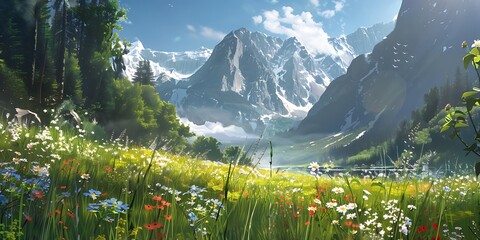 A tranquil mountain meadow dotted with wildflowers surrounded by towering alpine peaks dusted with snow under a bright sunny day Mountain Retreat