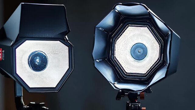 Studio lighting setup featuring three softbox lights illuminated for a professional videography session