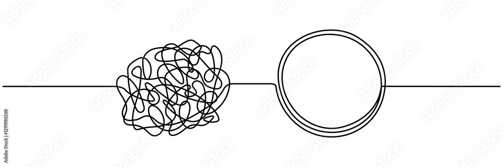 Poster chaos and mess circle continuous line drawn. problem solution symbol. psychotherapy concept. vector 